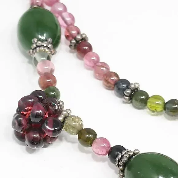 Vintage Gemstone Beaded Necklace, Garnet Clusters, Two Strands, 1990s Vintage